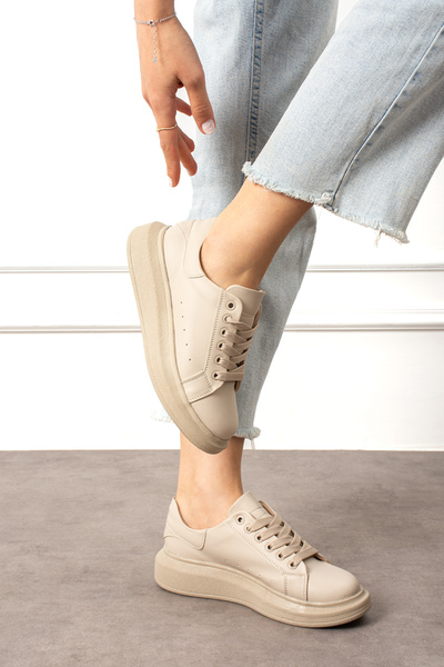 BOUIS Kadın Bej Bağcıklı Casual Rahat Taban Konforlu Yumuşak Yürüyüş Günlük Sneaker Spor Ayakkabı