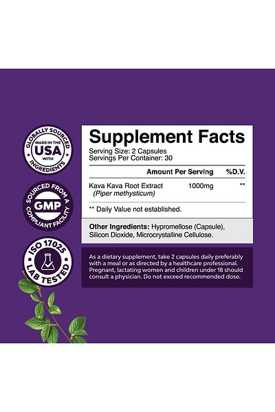 Natures Craft Kava Kava Root Extract 1000mg - Mood, Stress & Sleep Support - 30 Capsules