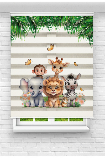 Mas Çocuk Odası Safari Hayvanları Desenli Dijital Baskılı Zebra Perde Stor Perde