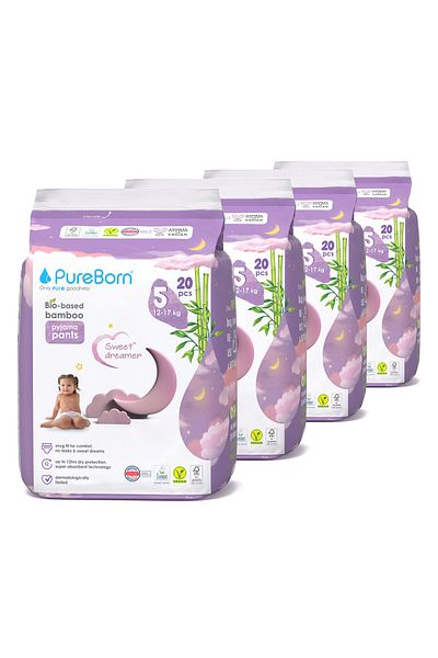 PUREBORN Baby Night Payjama Pants Size 5 For 12-17 Kg Master Pack 80pcs with Assorted Print