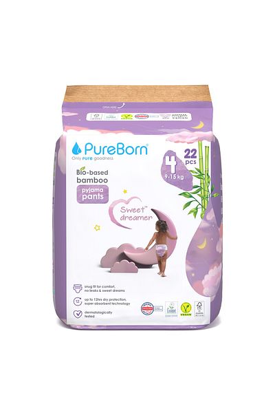 PUREBORN Baby Night Payjama Pants Size 4 For 9-15 Kg Single Pack 22pcs with Clouds Print
