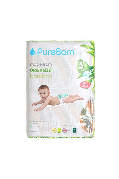 PUREBORN Organic Diapers Size 3 For 5.5-8 Kg Value Pack 56pcs with Pineapple Print