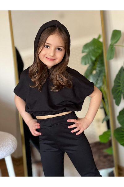 renkli diyar Girls' Bottom Top Set Short Sleeve Hooded Waist Elasticated and Trousers