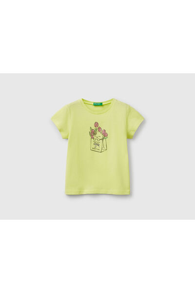 United Colors of Benetton Γυναικείο παιδικό μπλουζάκι από ασημί βαμβακερό γάτα