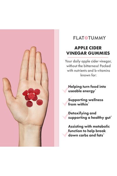 Flat Tummy Apple Cider Vinegar Gummies 60ct - ACV, Detox, Gut Health, Vegan, Non-GMO, Vitamins B6, B9, B12