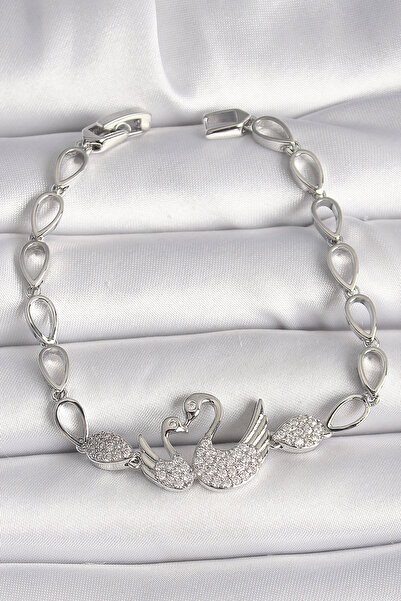 Nehir Brass Silver Color Zircon Stone Swan Figure Drop Chain Model Women's Bracelet Valentine's Mother's Teach
