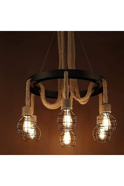 A F N LIGHTING A F N LIGHTINGS Modern Vintage Industrial Chandelier, 6-Light Pendant Light with Cage and Hemp Rope