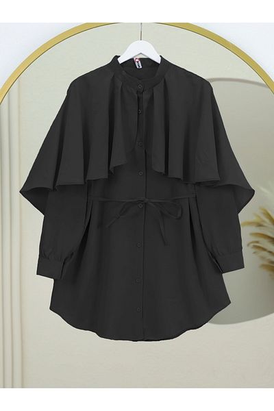 Modamorfo Stand Collar Cape Detailed Poplin Shirt -Black