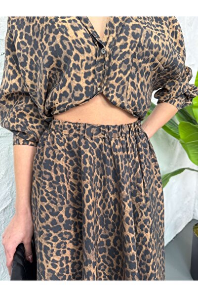 Elif Özbey Butik Leopard Pattern Long Skirt