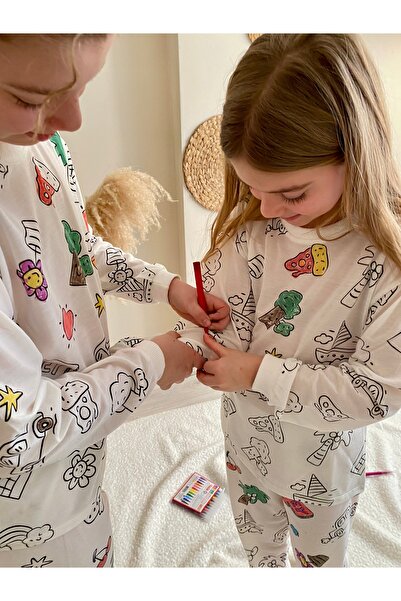 serliva 12li boyama kalemi hediyeli uzun kollu Boyanabilir pijama takimi