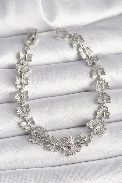 Mu Art Ahşap Brass Silver Color Zircon Stone Butterfly Model Chain Women's Bracelet