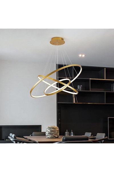 A F N LIGHTING AFN Modern 3-Ring LED Chandelier Adjustable Acrylic Circle Pendant Light Gold Finish with Warm Light