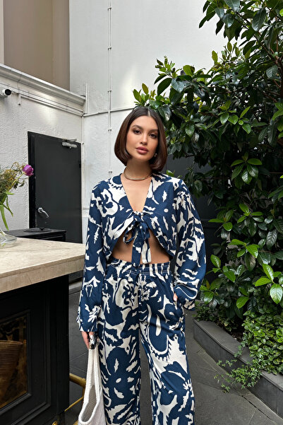 Mezka Блакитний візерунковий тканий блуз із зав'язками та штани, комплект із ...