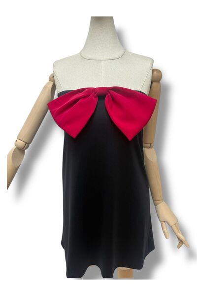 MODAHOBİMİZ Siyah Fiyonklu Zarif Ve Şık Mini Kadın Elbise