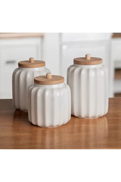 Kitchen Pembelia Triple bamboo lid porcelain tea, sugar, salt, coffee jar storage container