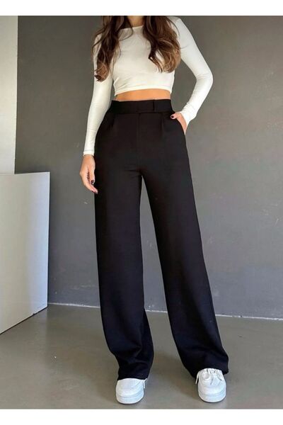 EGELİMODA SİYAH CIRTLI PALAZO PANTOLON