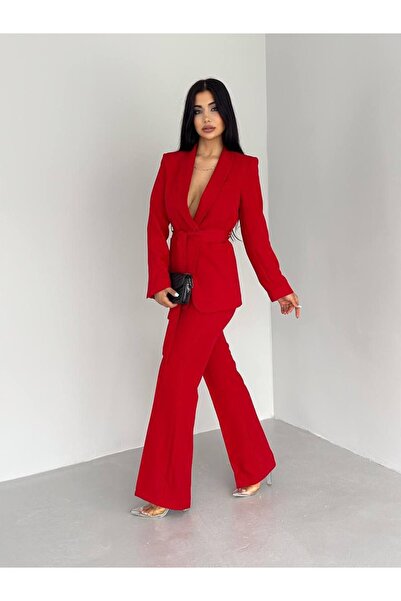 STMT BUTİK Belted Waist Blazer Jacket Pants Set - Stylish, Elegant and Versatile Women's Set for Any Occasion