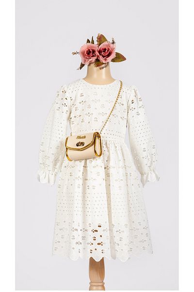 Pasur Bebe Long Sleeve Daisy Themed Girl's Dress with Embroidered Bag