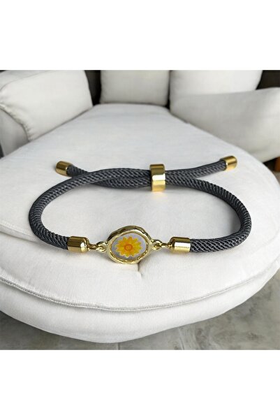 maycollection Minik Turuncu Papatya Ayarlanabilir Gri Kordon İp Tasarım Bileklik