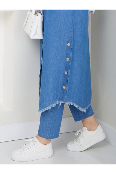 PALME D'OR Women's Wooden Button Detailed Trousers Double Denim Suit
