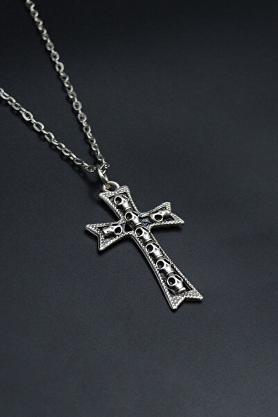 Had Safha Kuru Kafalı Haç Gümüş Kaplama Unisex Düz Zincir Kolye kod 852