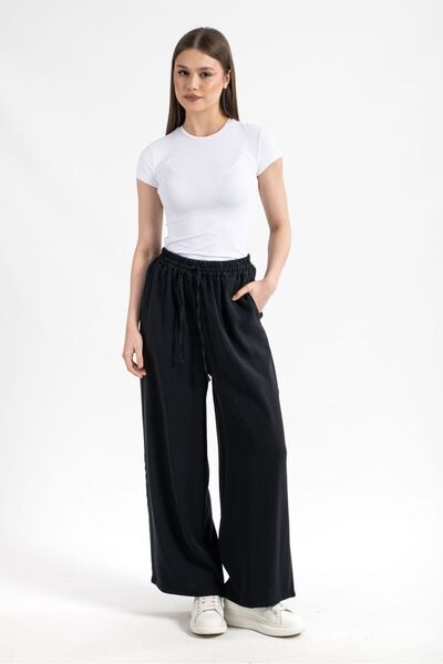 Hatun Atila Women's Modal Fabric Waisted Elastic Palazzo Trousers Black - 5184