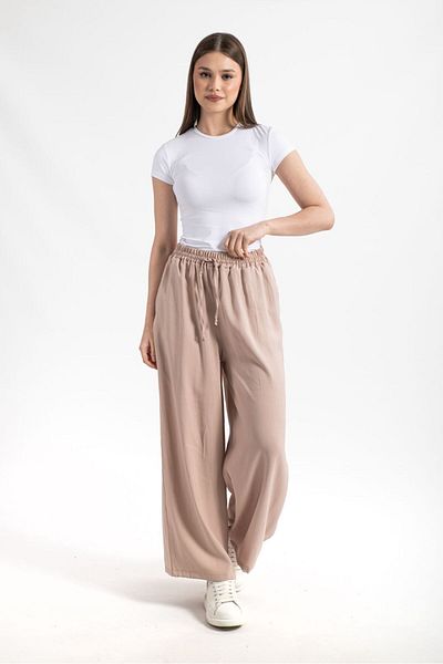 Hatun Atila Women's Modal Fabric Waisted Elastic Palazzo Trousers Mink - 5184