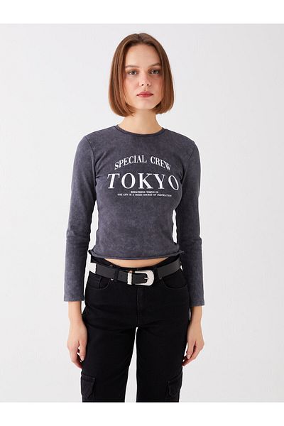 LC Waikiki Crop de damă cu mânecă lungă imprimată cu gâtul turn