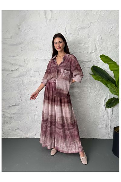 Elif Özbey Butik Plum Batik Patterned Chiffon Set