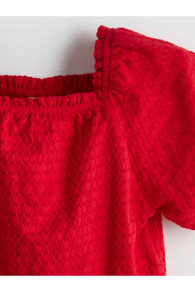 LC Waikiki Lcw Kids Red Square Collar Textured Girl's Crop Blouse