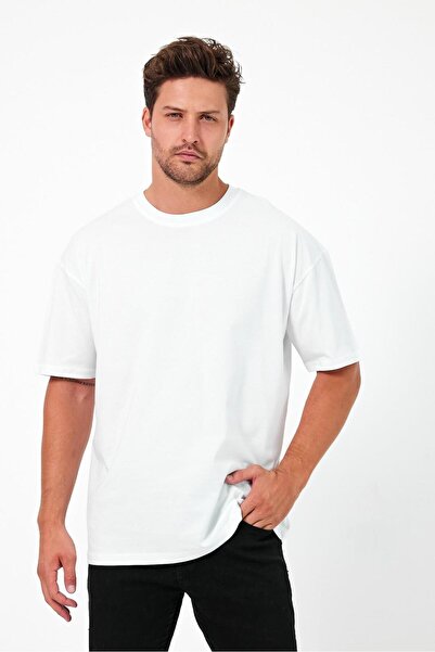 By Caspita Fashion Lenithra Basic Oversize Beyaz Erkek T-Shirt