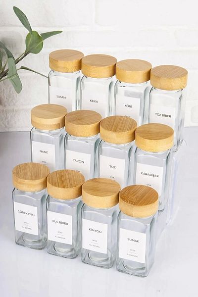 Rosemor Set of 12 Bamboo Spice Jars, Glass Tag with Lid as a Gift