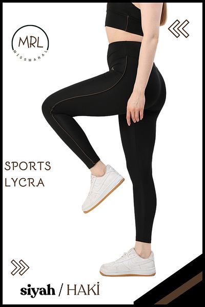 missmaral Women's High Waist Recovery Sports Tights Black / Khaki Stripe Detailed Lycra Diver 1041
