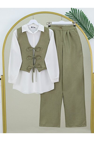 Modamorfo Wide Leg Vest, Laced, Double Linen Suit with Trousers - Khaki