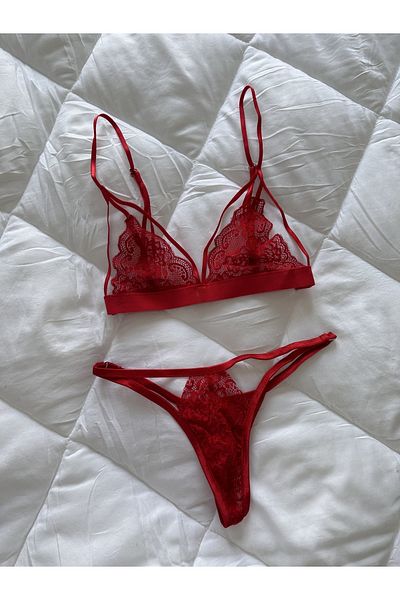 SanalBarkod Set bralet triunghi cu dantela rosie