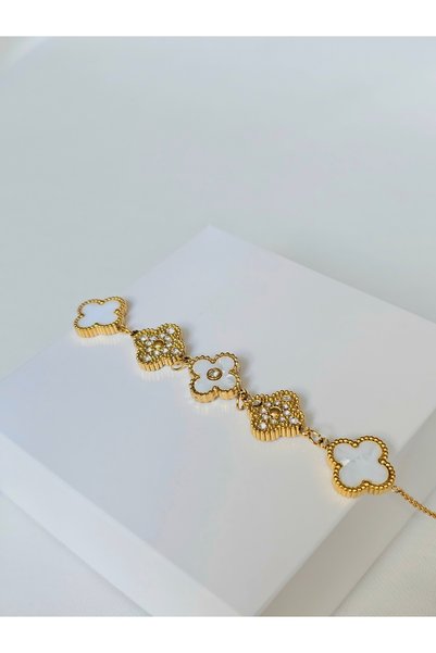 Roya Happiness Steel Clover Bracelet Black Pearl Gold Detail Women's Bracelet