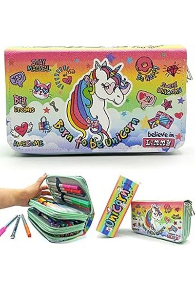 Skygo Limmy Pencil Case Unicorn Cool Style Kawai Organizer Pencil Case Vegan Leather Three Compartment Pen Holder - Yeş