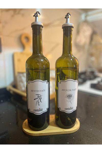 Dore Set of 2 Transparent Glass Spillproof Olive Oil and Sunflower Oil Pot with Wooden Stand