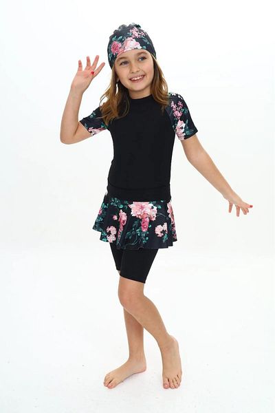 PODIUM GYM New Season Lycra Scuba Fabric Three Pieces Girl's Boned -Bottom Skirt Tights Uv Protected Swimwear Set
