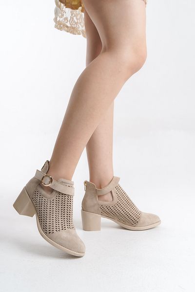 MARSEDO Καλοκαιρινές μπότες Nova Beige - Κομψές στρογγυλές τρύπες με χοντρό τακούνι σουέτ