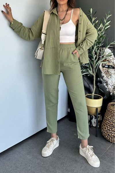 Suzi butik Women's 100% Linen Linen Shirt and Pantalon Set 0009