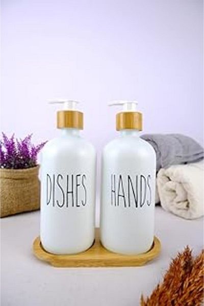 feifei Digithome 2-Pack Glass Liquid Soap and Dishwashing Liquid Bottle Soap Dispenser with Wooden Stand White 500 ml - G/1