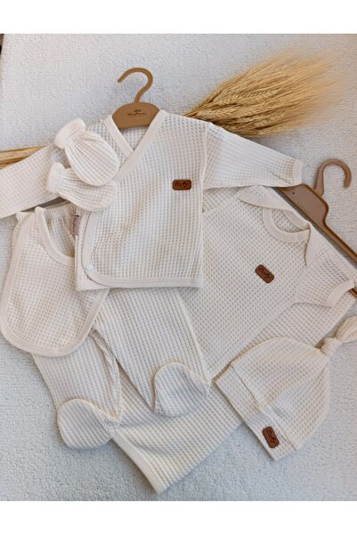 Bilge Trend Kız - Erkek Bebek KREM WAFFLE  7 Parça Hastane Çıkışı Zıbın Seti
