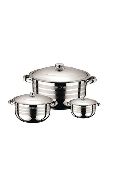 ertone Set of 3 Stainless Steel Pots Mn-515 With 3 Glass Lids, 20cm/3.2l, 22cm/4.5l, 24cm/6.3l, Stainless Steel