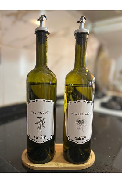 Dore Set of 2 Transparent Glass Spillproof Olive Oil and Sunflower Oil Pot with Wooden Stand