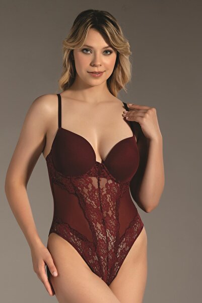 C&City Desteksiz Dantelli Çıtçıtlı Body C15080 Bordo
