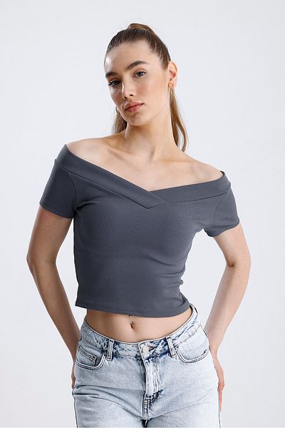 FV Γυναικείο κοντομάνικο Crop Top με ραβδώσεις μπροστά και πίσω
