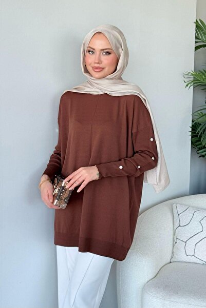 HAZA MODA Düğmeli Merserize Tunik Acıkahve