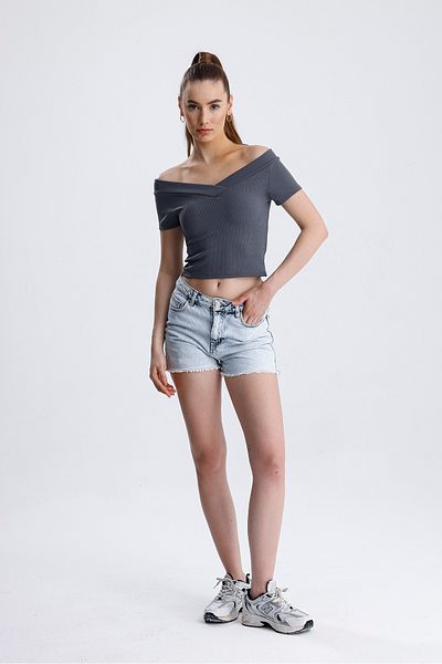 FV Γυναικείο κοντομάνικο Crop Top με ραβδώσεις μπροστά και πίσω