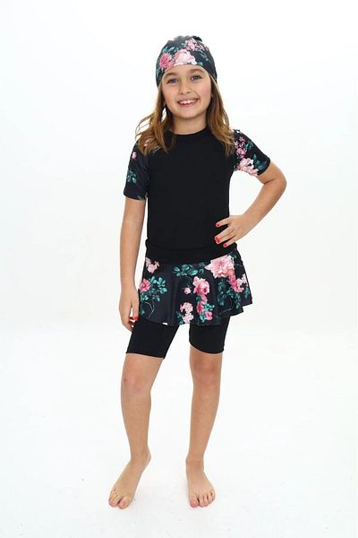 PODIUM GYM New Season Lycra Scuba Fabric Three Pieces Girl's Boned -Bottom Skirt Tights Uv Protected Swimwear Set